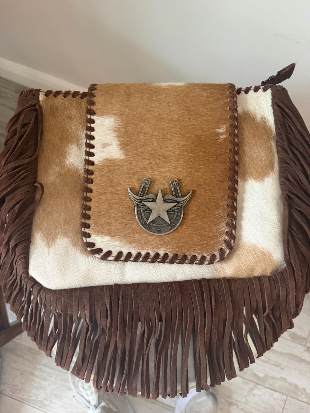 Myra Bag Brown and White Fringed Leather Shoulder Bag